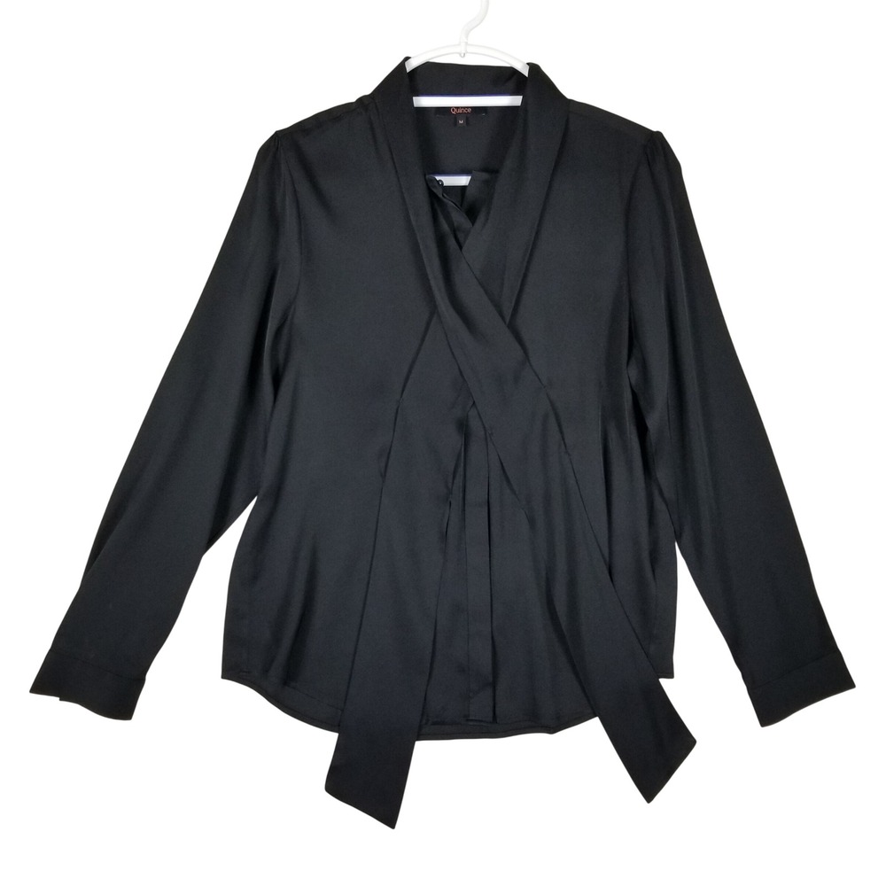 Quince Silk Blouse Women Size M Black Tie Neck Wrap Front Long Sleeve 167s